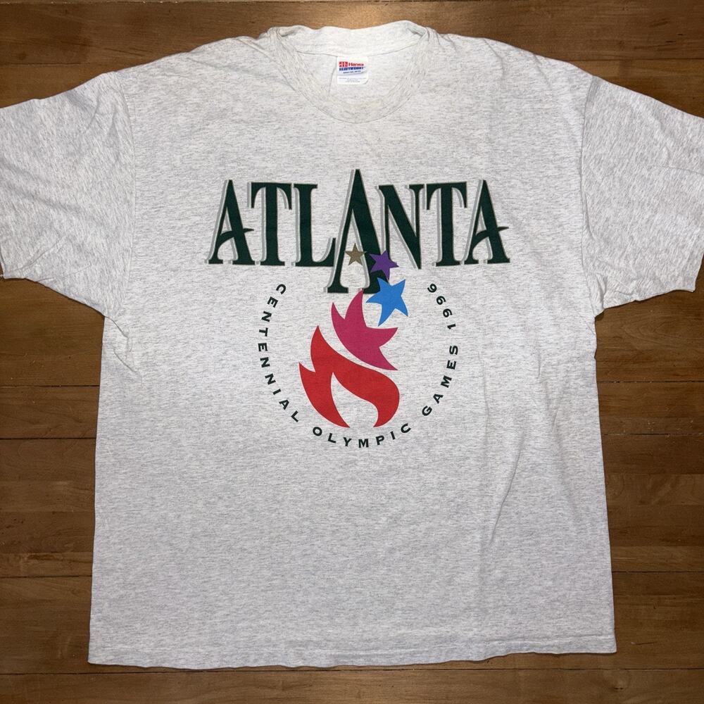 Vtg 90s Atlanta 1996 Centennial Olympics Torch Graphic T Shirt Mens Sz XXL Grey